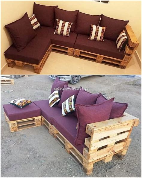 a couch made out of wooden pallets with pillows on top and the bottom half