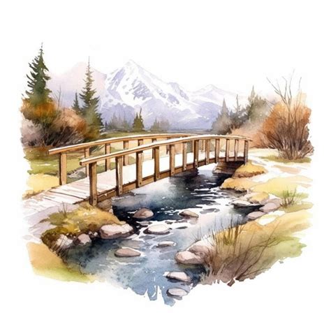 Premium AI Image | Painting of a bridge over a stream with a mountain ...