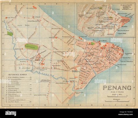 George Town, Penang antique town city plan. Malaysia 1920 old map Stock ...