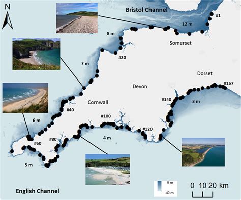 Map of SW England and location of the 157 beaches for which LiDAR data... | Download Scientific ...