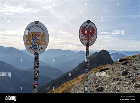 Border between Germany and Austria high in the Alps. Border on the ...