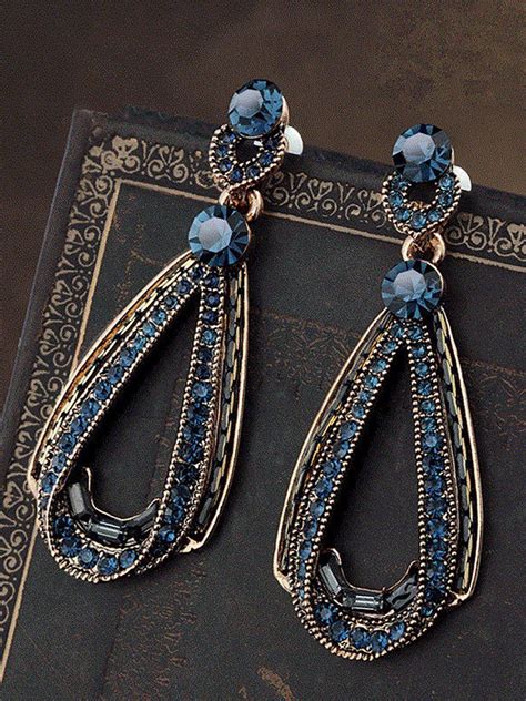 Women's Vintage Luxury Earrings Hollow Sapphire Dangle Gold Drop Sharp ...