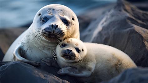 Premium Photo | Cute baby seal pup cuddling with its mother on a rocky shore