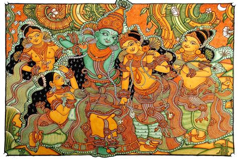 64 Arts Krishna Playing The Vrindavan-Kerala Mural Art Unframed Canvas Prints Painting ...