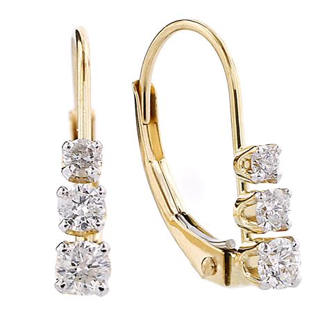 1/3 cttw Diamond 3-Stone Leverback Earrings. 10K Yellow Gold - Jewelry - Earrings