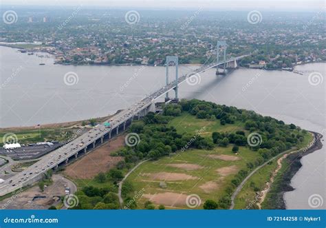 Aerial View of Whitestone Bridge with Traffic and Trump Golf Course ...