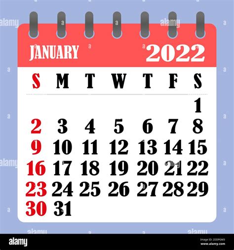 Letter calendar for January 2022. The week begins on Sunday. Time ...