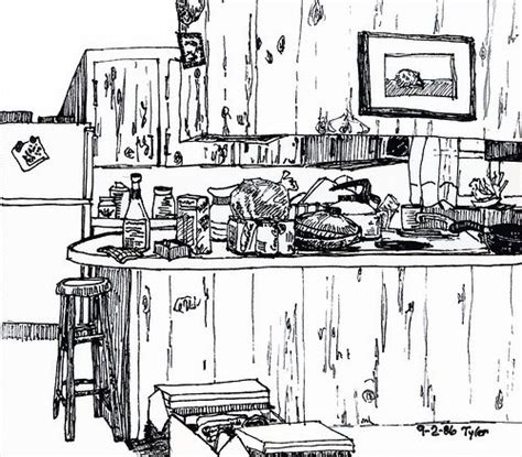 Messy kitchen 1986 | Messy kitchen, Sketchbook assignments, Kitchen drawing