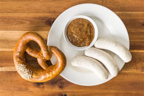 The Bavarian Weisswurst, Pretzel and Mustard. Stock Image - Image of bratwurst, mustard: 127652317