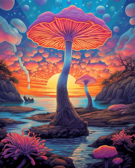 Premium AI Image | A painting of a forest with a colorful mushroom and ...