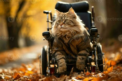 Cat in wheelchair enjoys park stroll, an inspiring symbol of tenacity and joy AI Generated ...