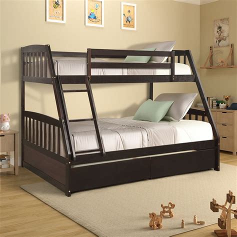 Solid Wood Twin Over Full Bunk Bed with 2 Storage Drawers, Bed Frame with Staircase, Safety ...