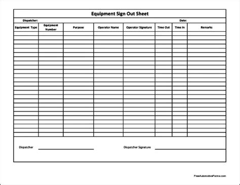 Free Basic Equipment Sign Out Sheet