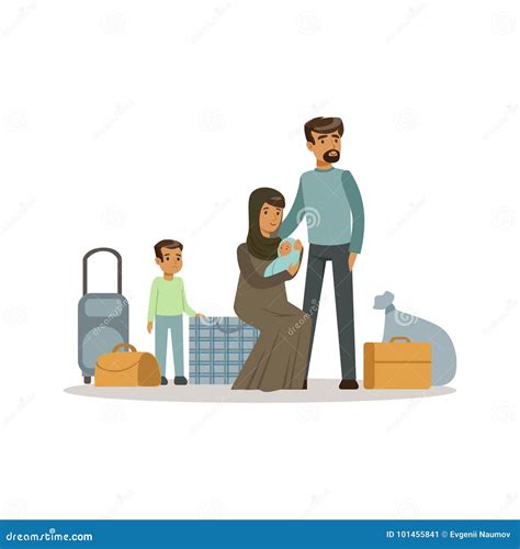 Stateless Refugee Family with Suitcases, War Victims Concept Vector ...