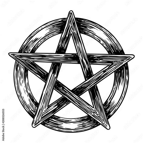 Pentagram drawing. Hand drawn ancient pagan symbol of five pointed star. Black work for flash ...