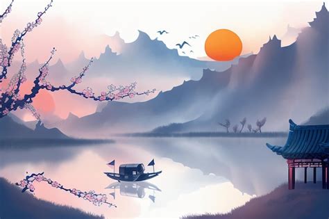 Premium AI Image | Chinese watercolor ink landscape lake house plum ...