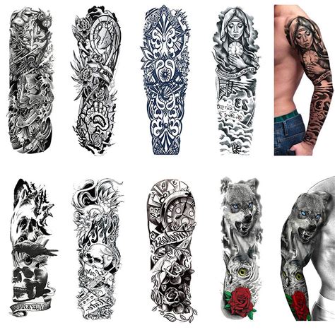 Temporary Tattoo Sleeves 8 Sheets Large Fake Black Full Arm Tattoo ...