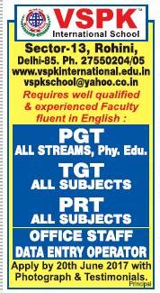 VSPK International School, Delhi Wanted PGT plus TGT plus PRT - Faculty ...