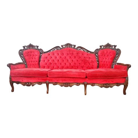 Vintage Victorian Style Red Velvet Sofa | Chairish