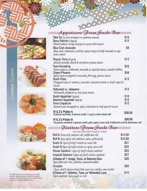 Menu of W & Z Asian Bistro & Sushi Bar in Lakeside, AZ 85929