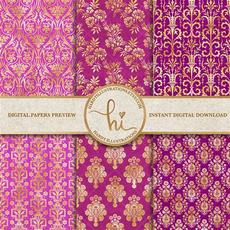 Magenta & Gold Foil Damask Digital Paper Vintage Fuchsia - Etsy