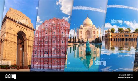 Gate of India, Hawa Mahal, Taj Mahal and Jal Mahal in one collage of India Stock Photo - Alamy