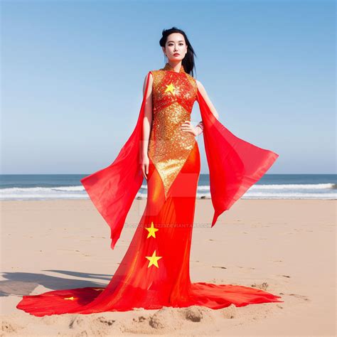 Woman in dress, Chinese flag colours. On seashore by Coolarts223 on DeviantArt