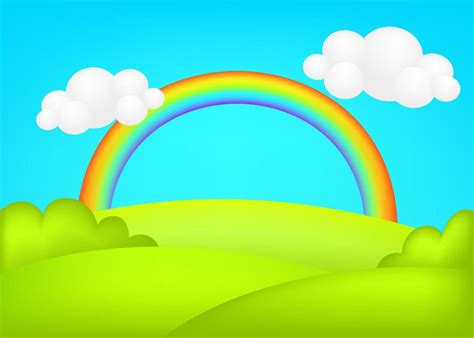 Meadow 3d vector illustration. Fantastic landscape with rainbow on green valley kids background ...