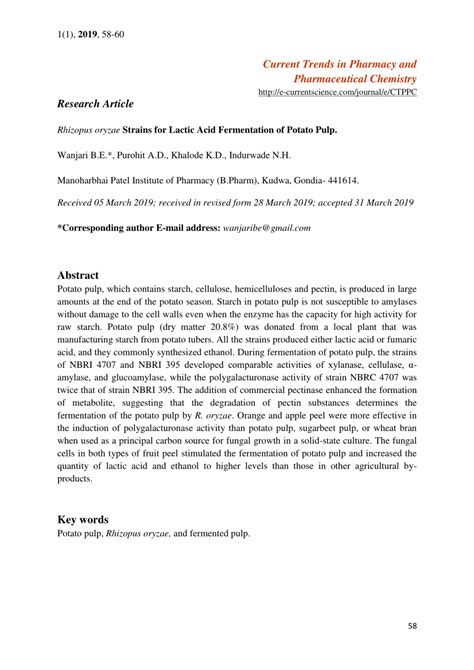 (PDF) Rhizopus oryzae Strains for Lactic Acid Fermentation of Potato Pulp