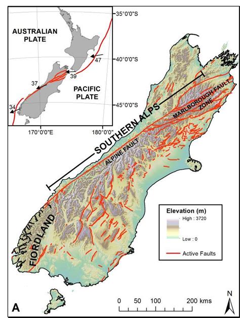 1 The location of the plate boundary Alpine Fault. Inset: Tectonic... | Download Scientific Diagram