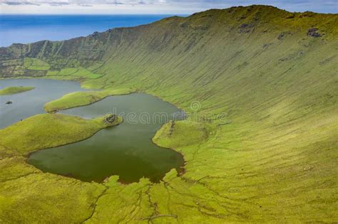 Aerial View of Volcanic Crater Caldeirao with a Beautiful Lake on the Top of Corvo Island ...