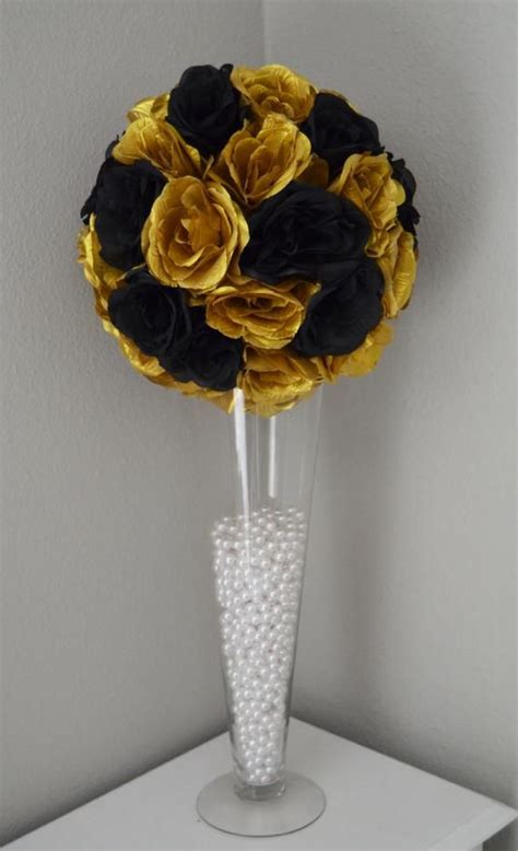 BLACK and GOLD Flower Ball. Gold and Black Wedding CENTERPIECE. Gatsby Theme Decor. Flower Girl ...