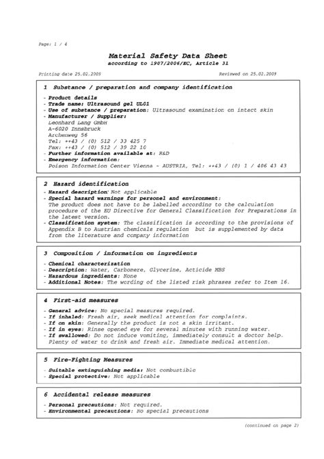 Safety Data Sheet: Ultrasound Gel Section Identification, 46% OFF