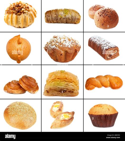 Collage of different pastries and bakery items, isolated on white Stock Photo - Alamy