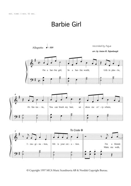 Barbie Girl by Aqua - Piano Solo - Digital Sheet Music | Sheet Music Plus