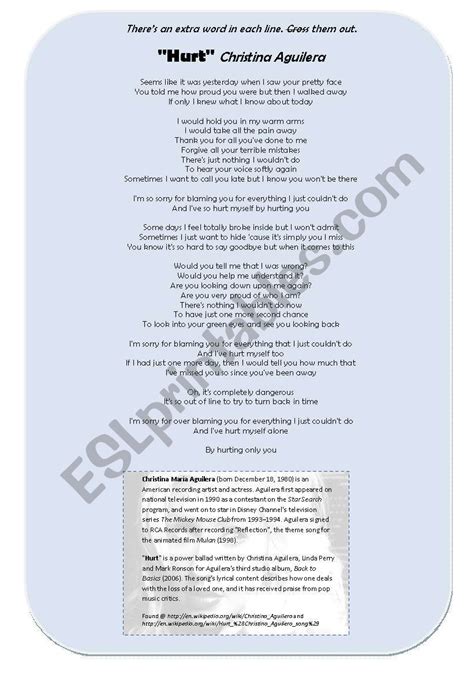 Song: Hurt [Christina Aguilera] - ESL worksheet by jossely