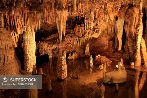 Meramec Caverns with limestone structures such as stalagmites and ...