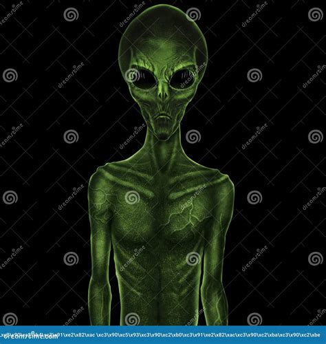 Green Alien with Black Large Glass Eyes on a Black Background. UFO Concept, Aliens, Contact with ...