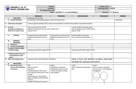 Grade 5 DLL MATH 5 Q4 Week 2 - GRADES 1 to 12 DAILY LESSON LOG School: Grade Level: V Teacher ...