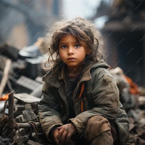 Premium AI Image | a starving child in the ruins