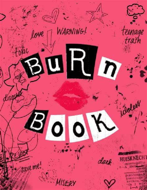 the cover to burn book, written in black and red ink on a pink background