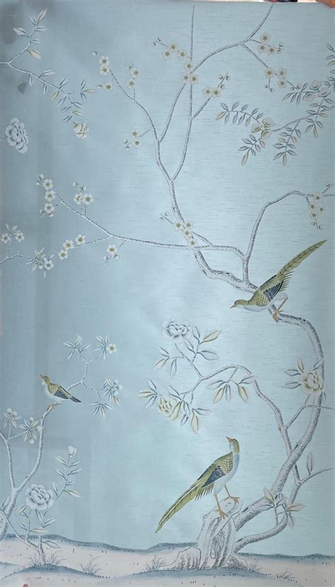 Chinoiserie Wallpaper Hand Painted Wallpaper on Blue Silk, Accept ...