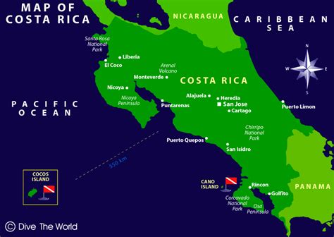 Mapa de Costa Rica: San José, Punterenas, la Isla del Coco - Dive The World Quepos, Puntarenas ...