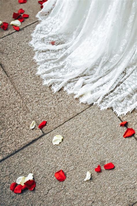 Wedding Dress and Flower Petals Stock Image - Image of happy ...