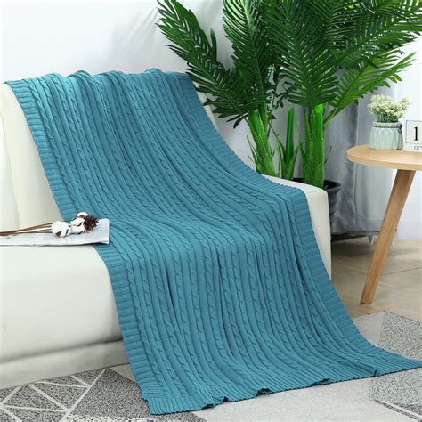 100% Cotton Soft Blanket Cable Sofa Chair Throw Knitted Throw Blankets Teal Blue 70" x 78 ...