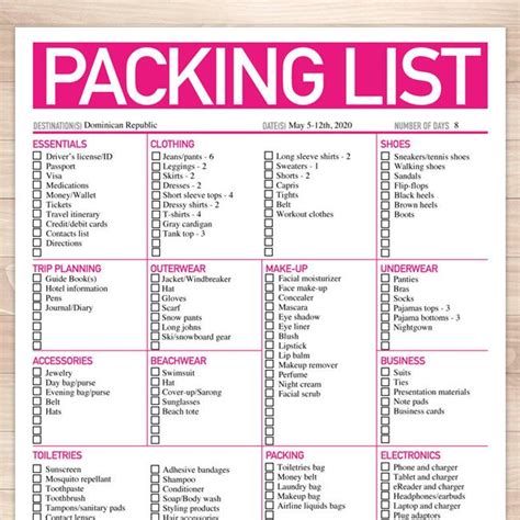 Modern Bright Pink Printable Packing List 8.5x11 - Etsy | Printable ...