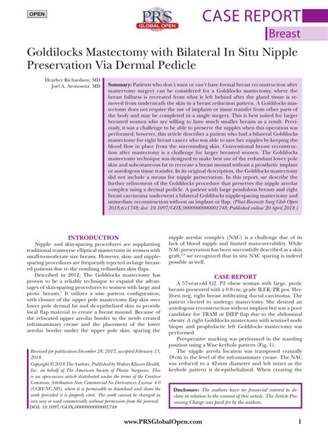 (PDF) Goldilocks Mastectomy with Bilateral In Situ Nipple Preservation Via Dermal Pedicle