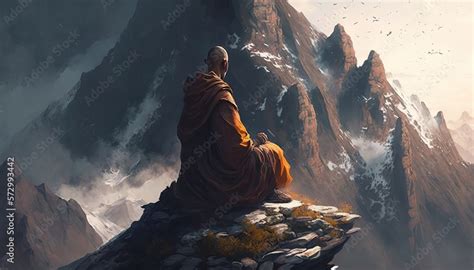 Buddhist monk sitting on the mountain's peak, watching the sunset while meditating. Concept for ...