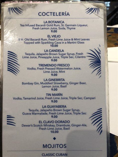 Menu at Casa Cuba restaurant, South Miami