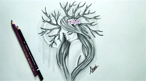 How to Draw Sketch of Woman Tree Branch Spiritual Nature Art | Drawing of girl easy step by step ...